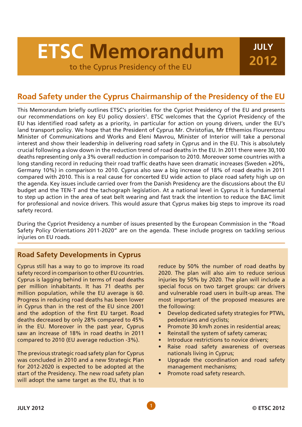 Memorandum to the Cypriot Presidency of the EU