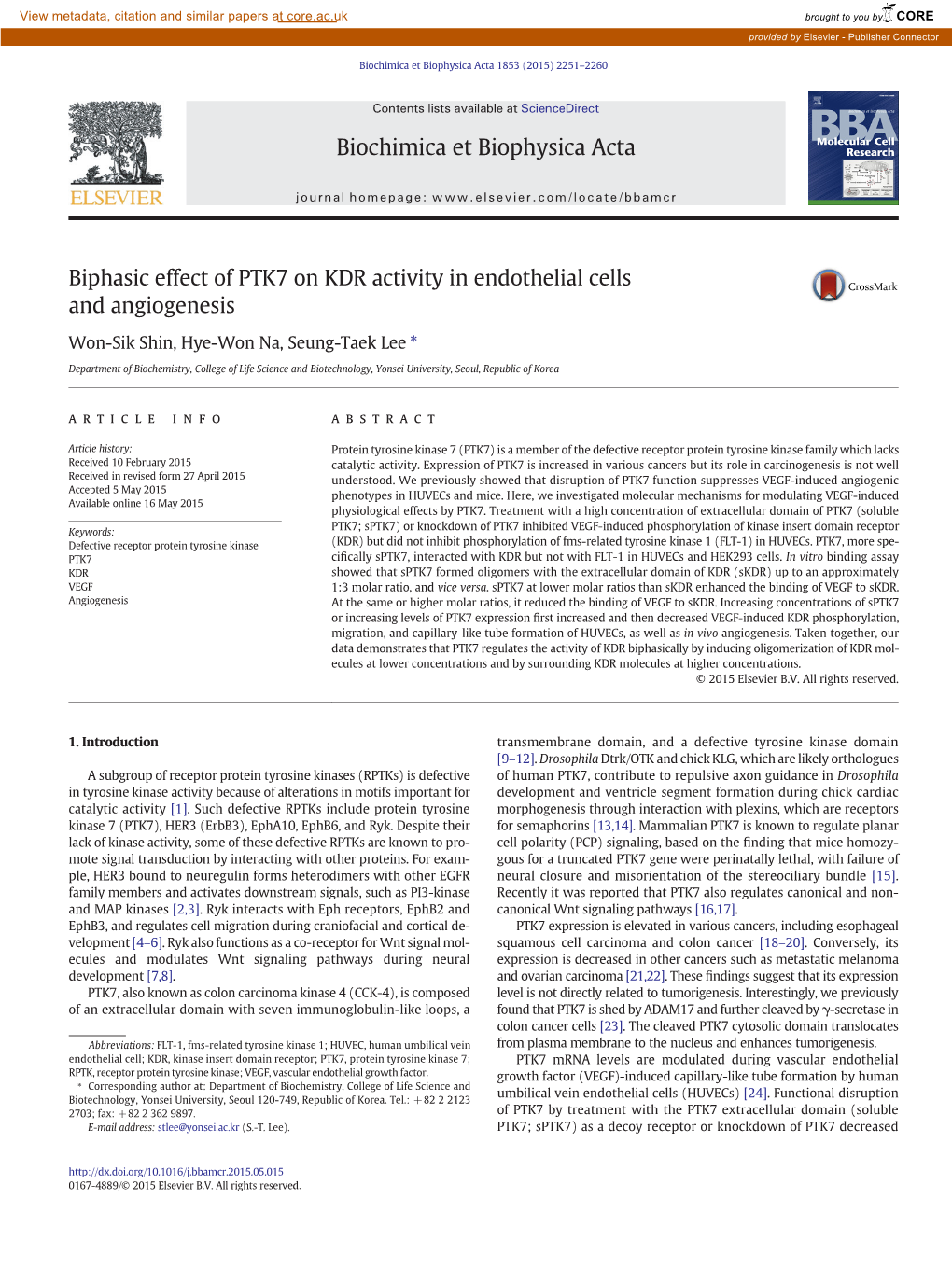 Biphasic Effect of PTK7 on KDR Activity in Endothelial Cells and Angiogenesis