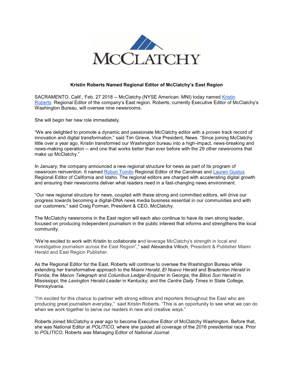 Kristin Roberts Named Regional Editor of Mcclatchy's East