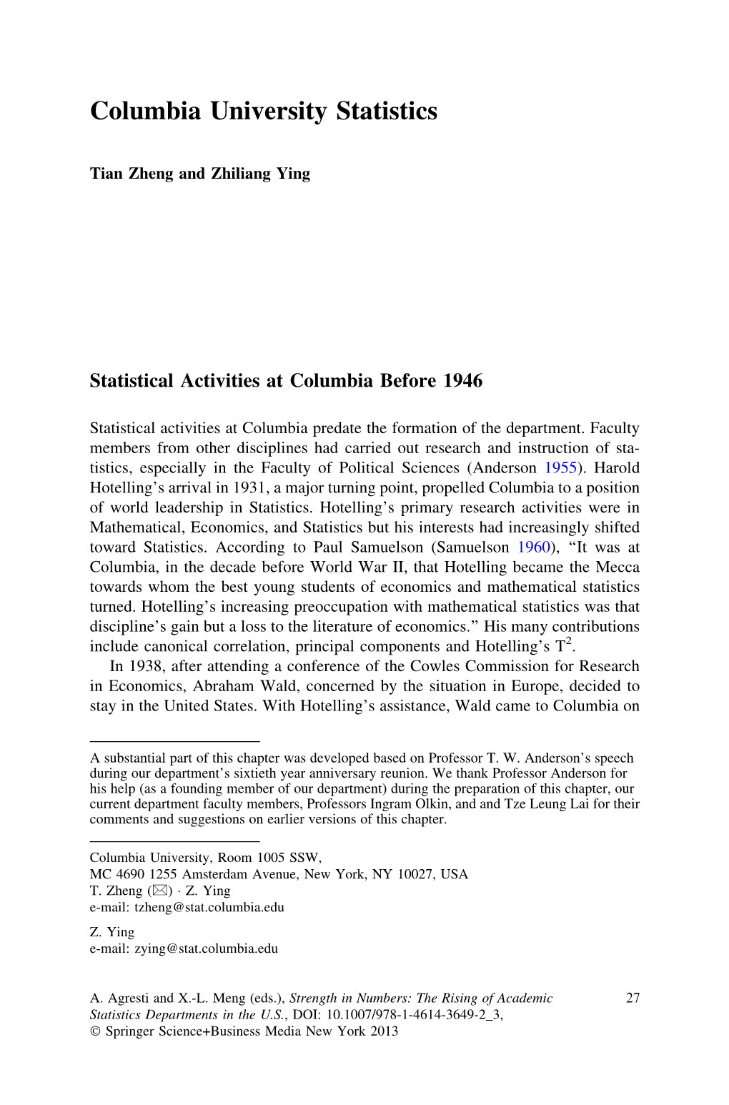 History of the Department of Statistics at Columbia University