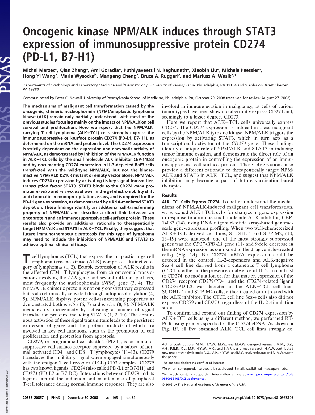 Oncogenic Kinase NPM/ALK Induces Through STAT3 Expression of Immunosuppressive Protein CD274 (PD-L1, B7-H1)