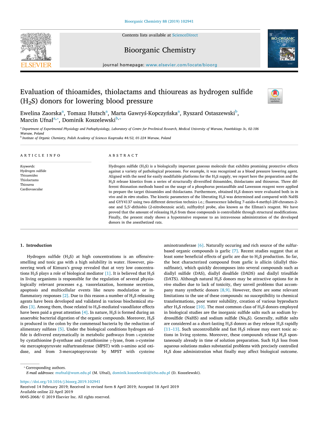 Evaluation of Thioamides, Thiolactams and Thioureas As Hydrogen Sulfide