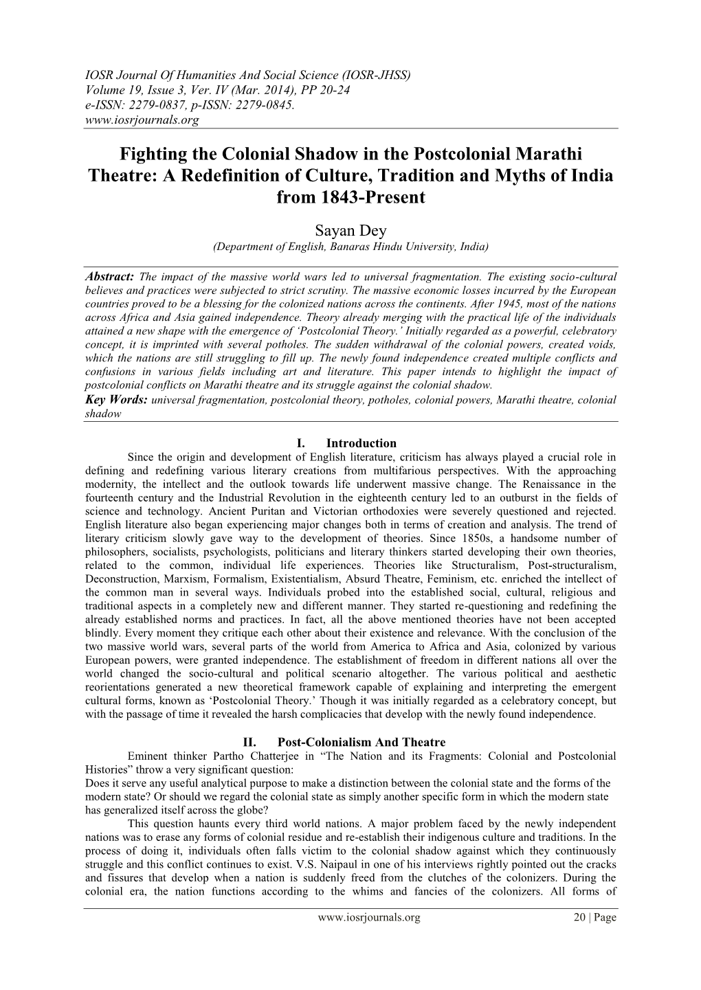 Fighting the Colonial Shadow in the Postcolonial Marathi Theatre: a Redefinition of Culture, Tradition and Myths of India from 1843-Present