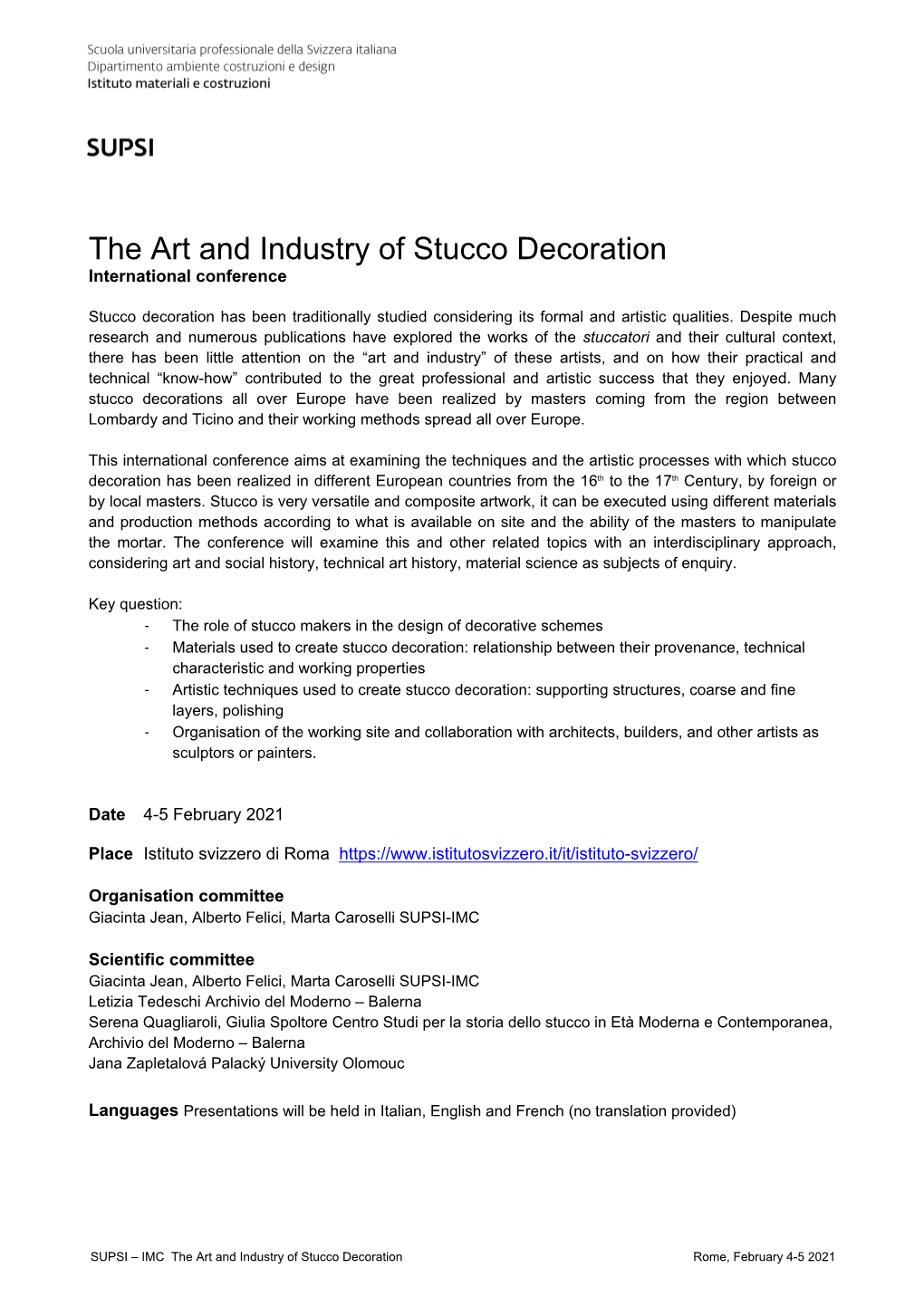 The Art and Industry of Stucco Decoration International Conference