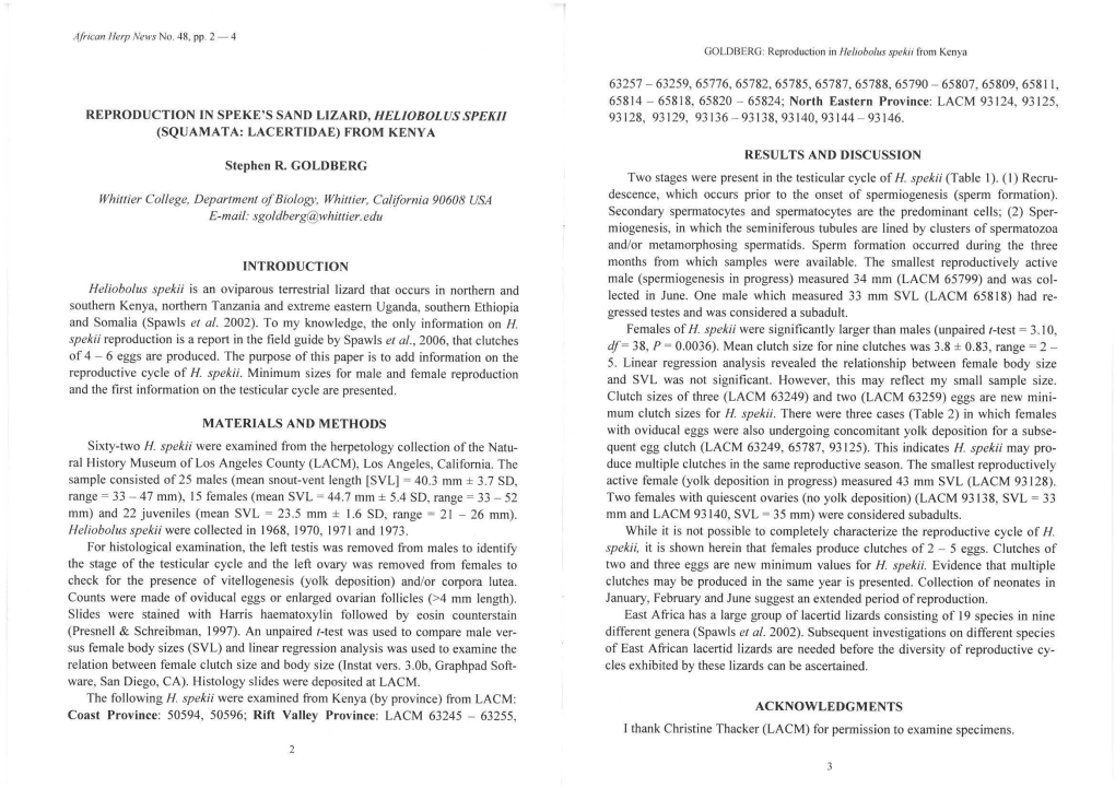 REPRODUCTION in SPEKE's SAND LIZARD, HELIOBOLUS SPEK/1 (SQUAMATA: LACERTIDAE) from KENYA Stephen R. GOLDBERG Whittier College, D