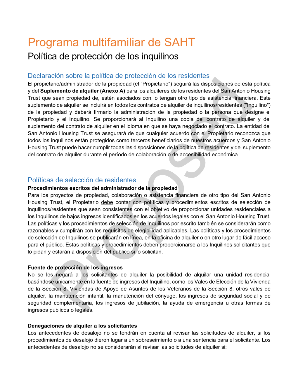 Programa Multifamiliar De SAHT Política De Protección De Los Inquilinos