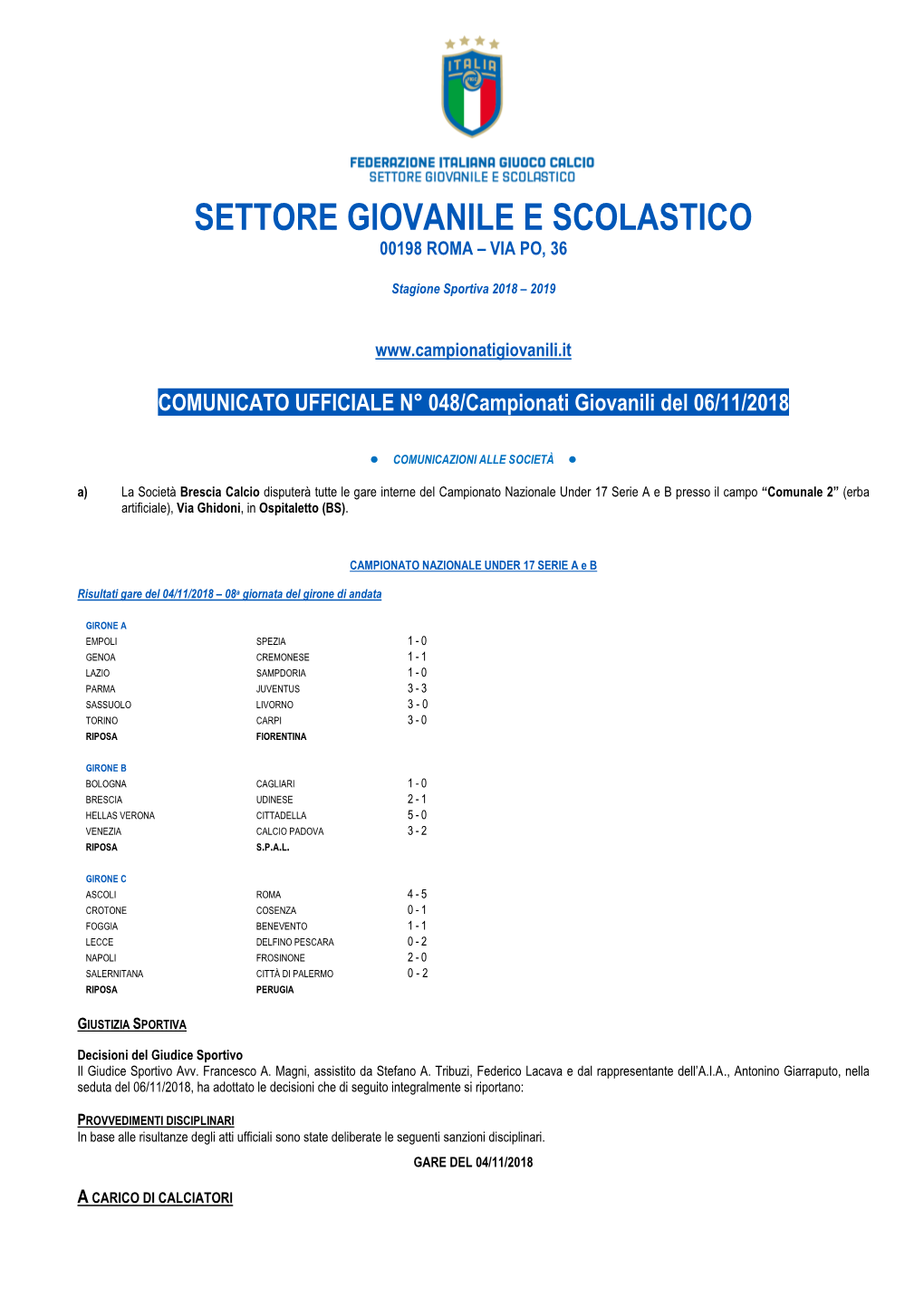 Settore Giovanile E Scolastico 00198 Roma – Via Po, 36