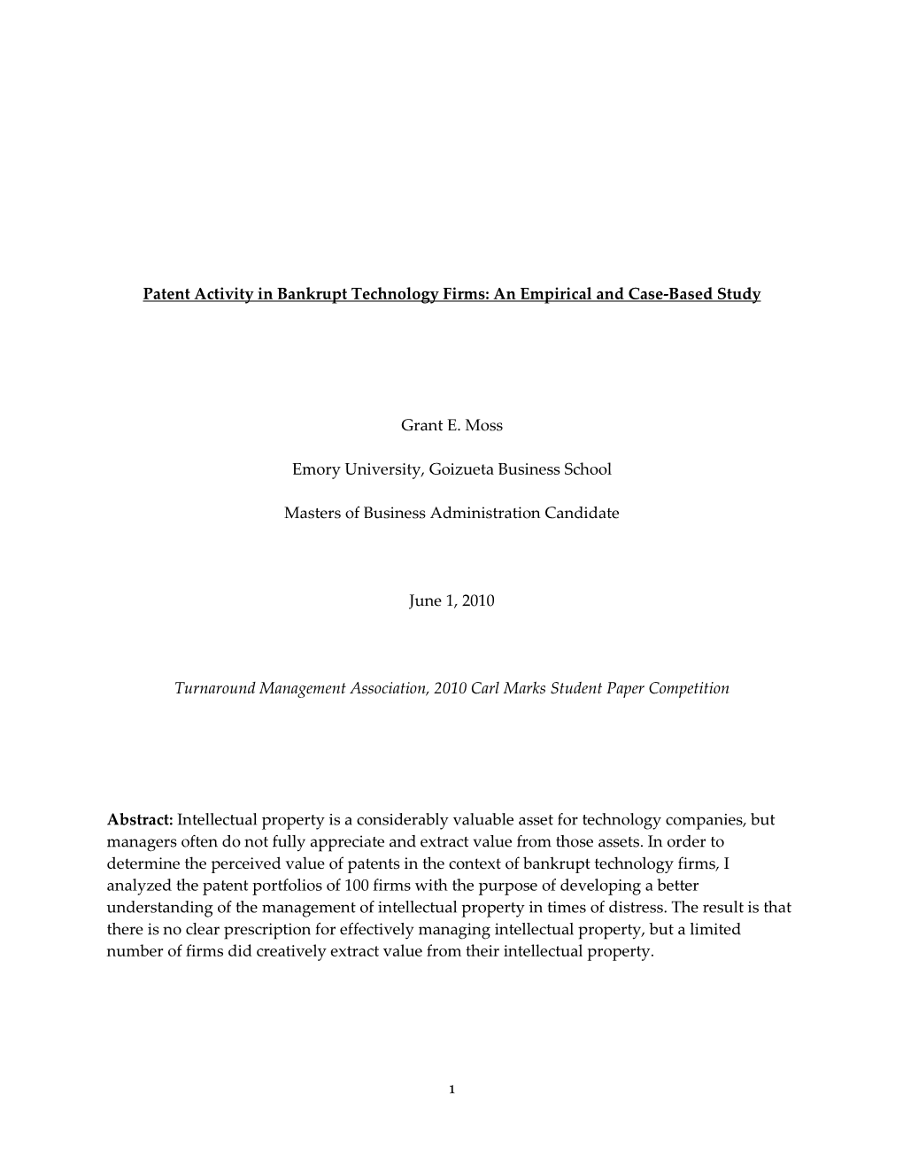 Patent Activity in Bankrupt Technology Firms: an Empirical and Case-Based Study