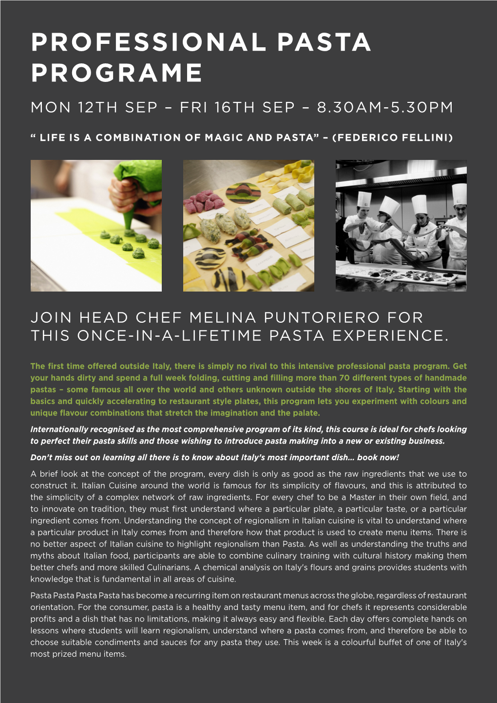 Professional Pasta Programe Mon 12Th Sep – Fri 16Th Sep – 8.30Am-5.30Pm