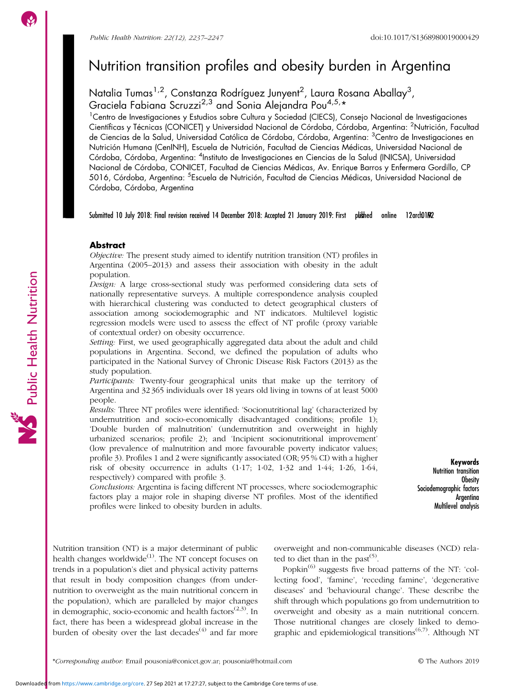 Nutrition Transition Profiles and Obesity Burden in Argentina Public Health