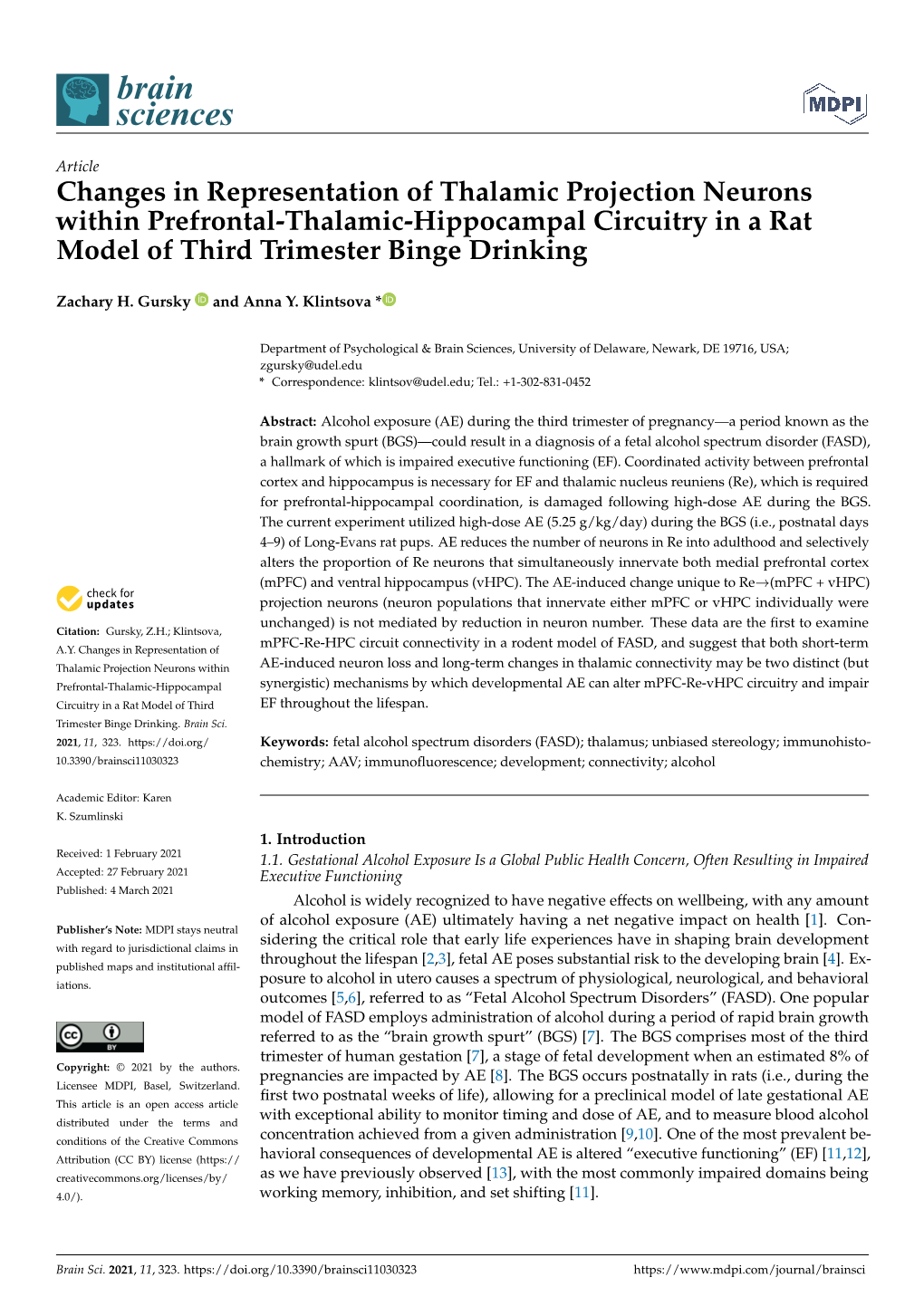 Changes in Representation of Thalamic Projection Neurons Within Prefrontal-Thalamic-Hippocampal Circuitry in a Rat Model of Third Trimester Binge Drinking