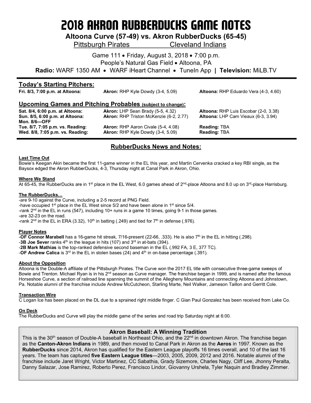 Rubberducks Game Notes 080318