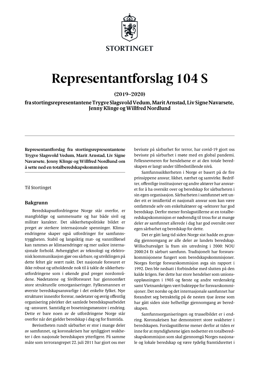 Representantforslag 104 S