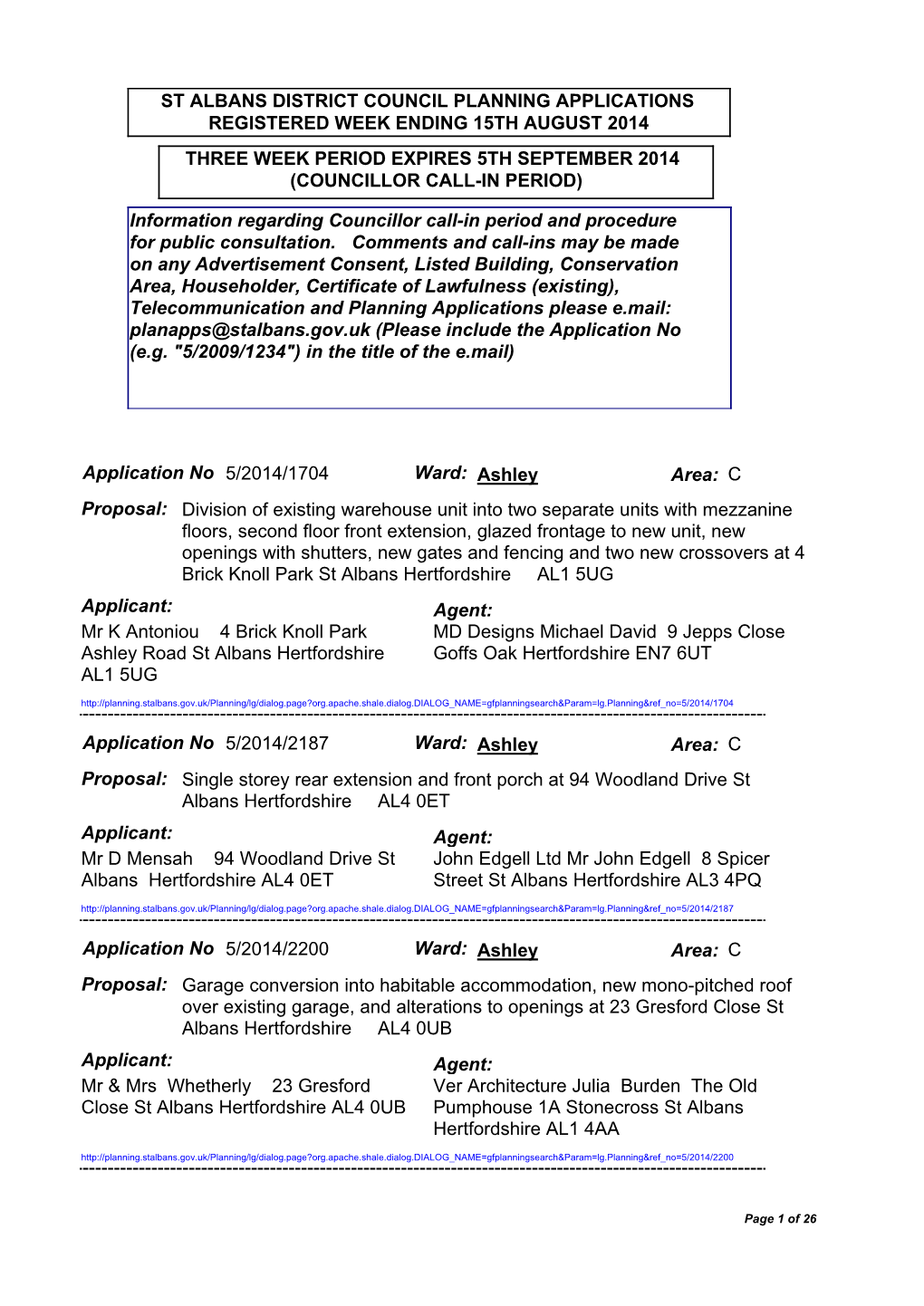 THREE WEEK PERIOD EXPIRES 5TH SEPTEMBER 2014 (COUNCILLOR CALL-IN PERIOD) Information Regarding Councillor Call-In Period And