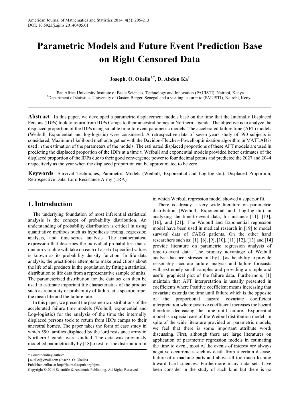 Survival Techniques, Parametric Models (Weibull, Exponential and Log-Logistic), Displaced Proportion, Retrospective Data, Lord Resistance Army (LRA)