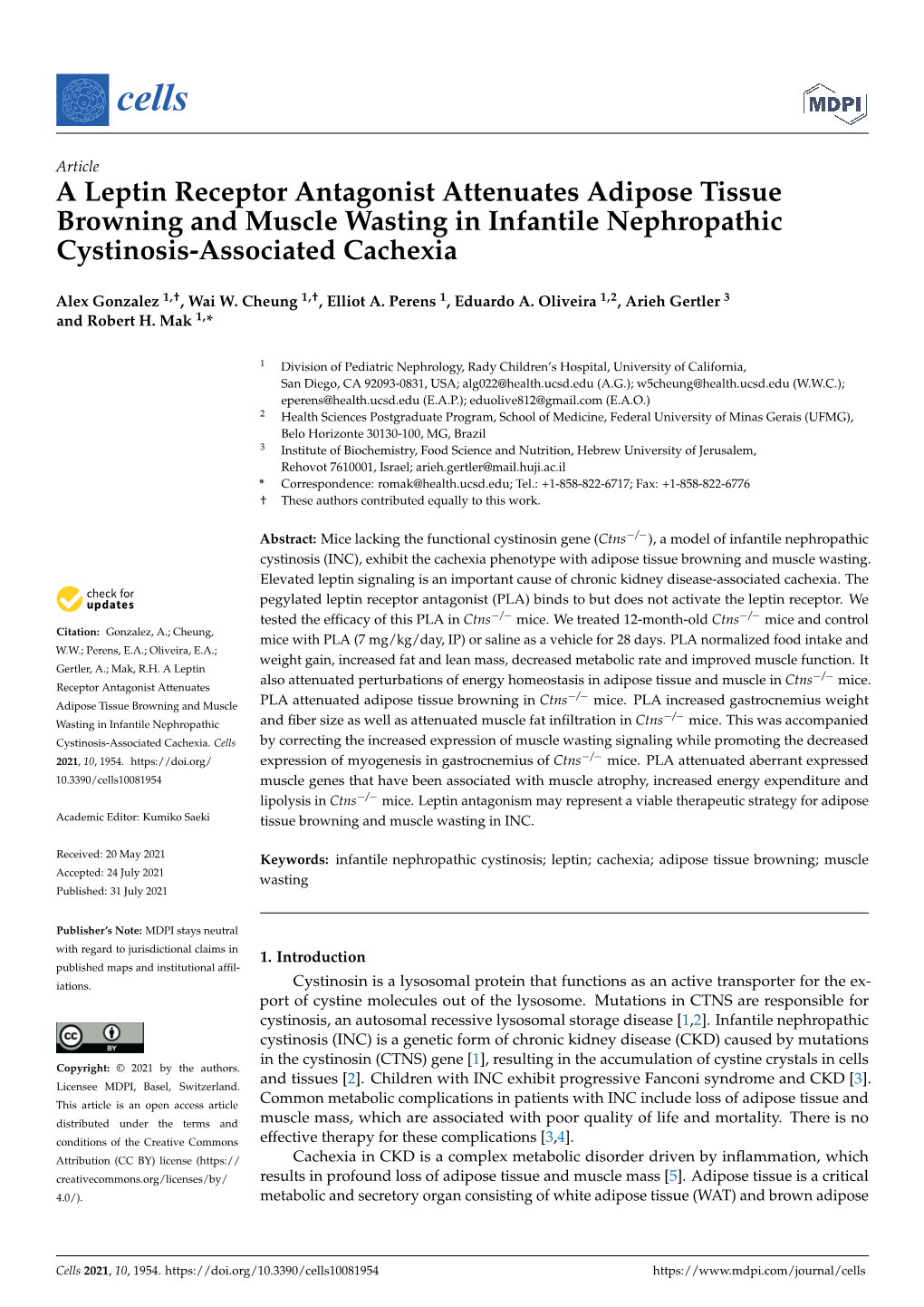 A Leptin Receptor Antagonist Attenuates Adipose Tissue Browning and Muscle Wasting in Infantile Nephropathic Cystinosis-Associated Cachexia