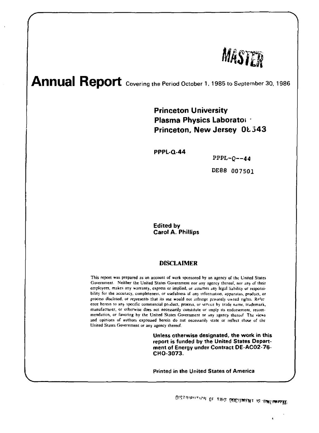 Princeton University Plasma Physics Laboratoi - Princeton, New Jersey 0L343