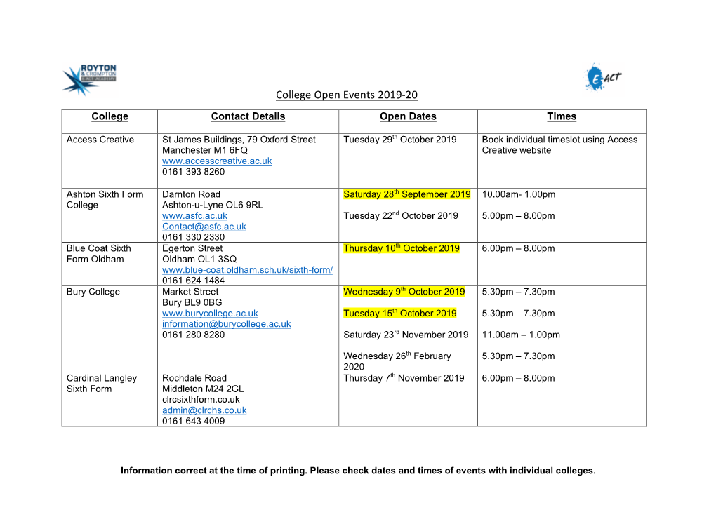 College Open Events 2019-20 College Contact Details Open Dates Times