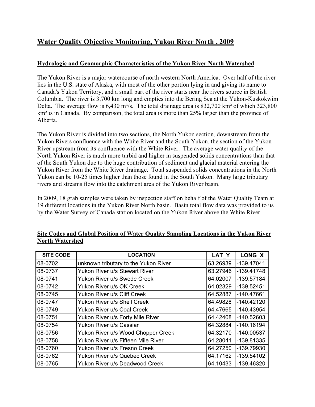 Water Quality Objective Monitoring, Yukon River North , 2009