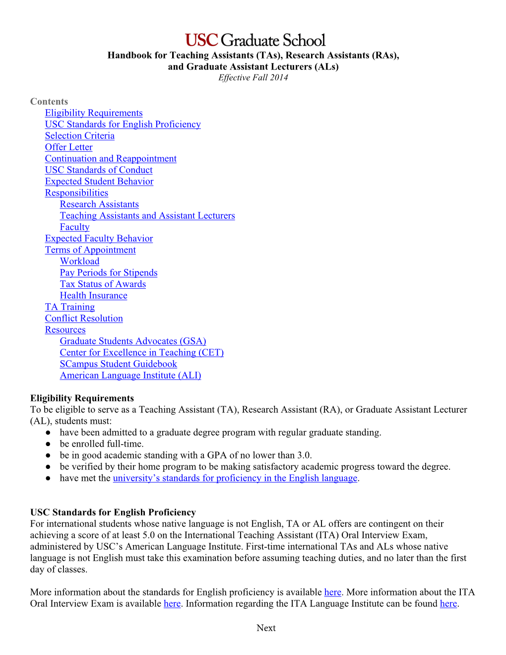 Handbook for Teaching Assistants (Tas), Research Assistants (Ras), and Graduate Assistant Lecturers (Als) Effective Fall 2014