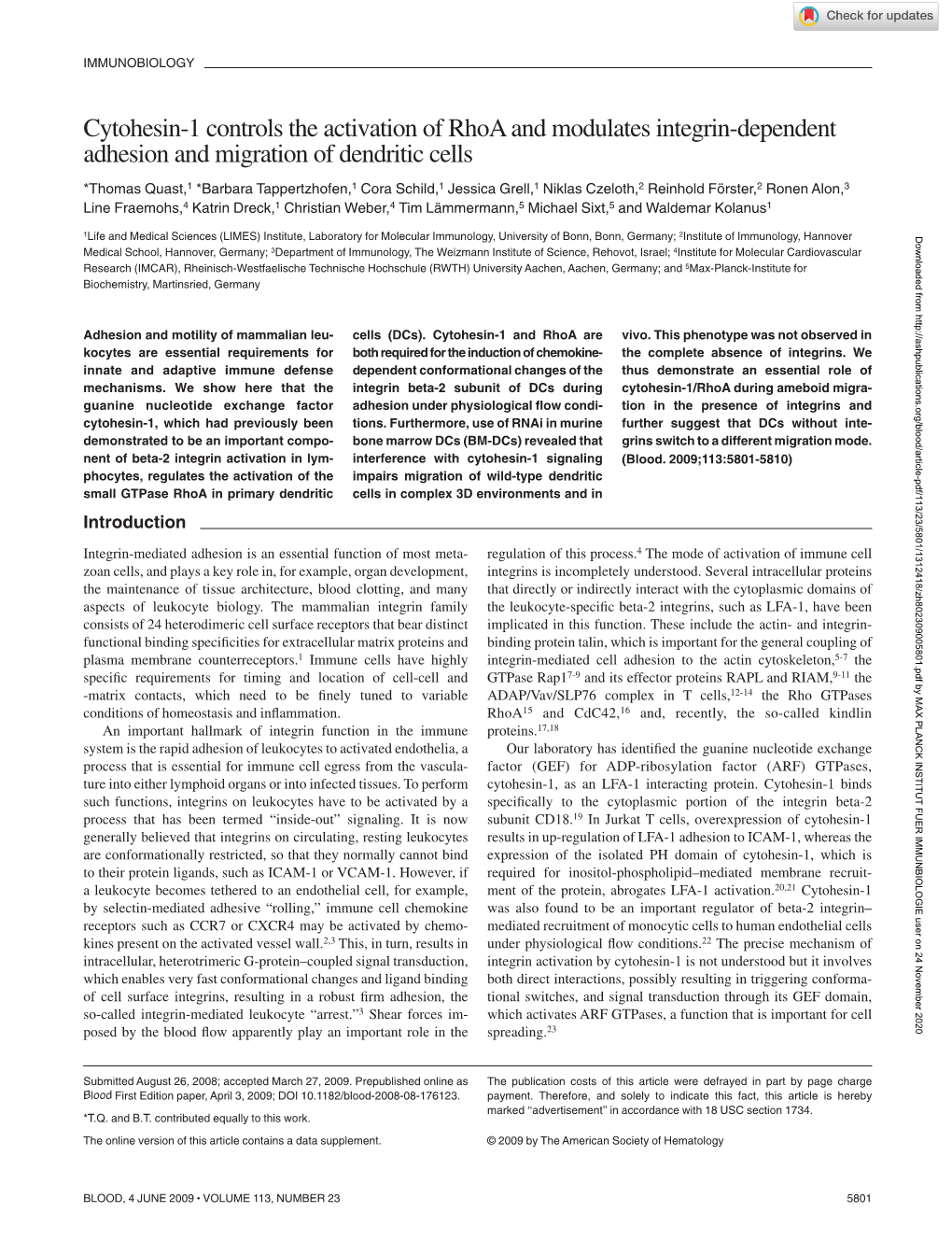 Cytohesin-1 Controls the Activation of Rhoa and Modulates Integrin-Dependent Adhesion and Migration of Dendritic Cells