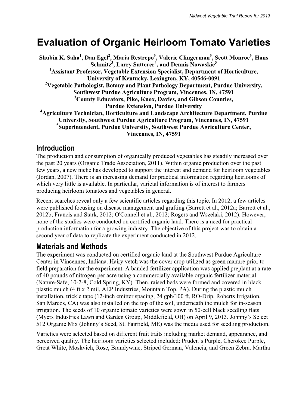 Evaluation of Organic Heirloom Tomato Varieties Shubin K