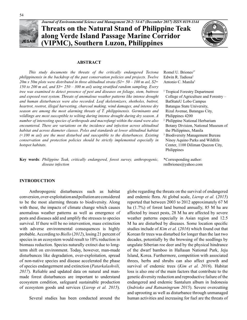 Threats on the Natural Stand of Philippine Teak Along Verde Island Passage Marine Corridor JESAM (VIPMC), Southern Luzon, Philippines