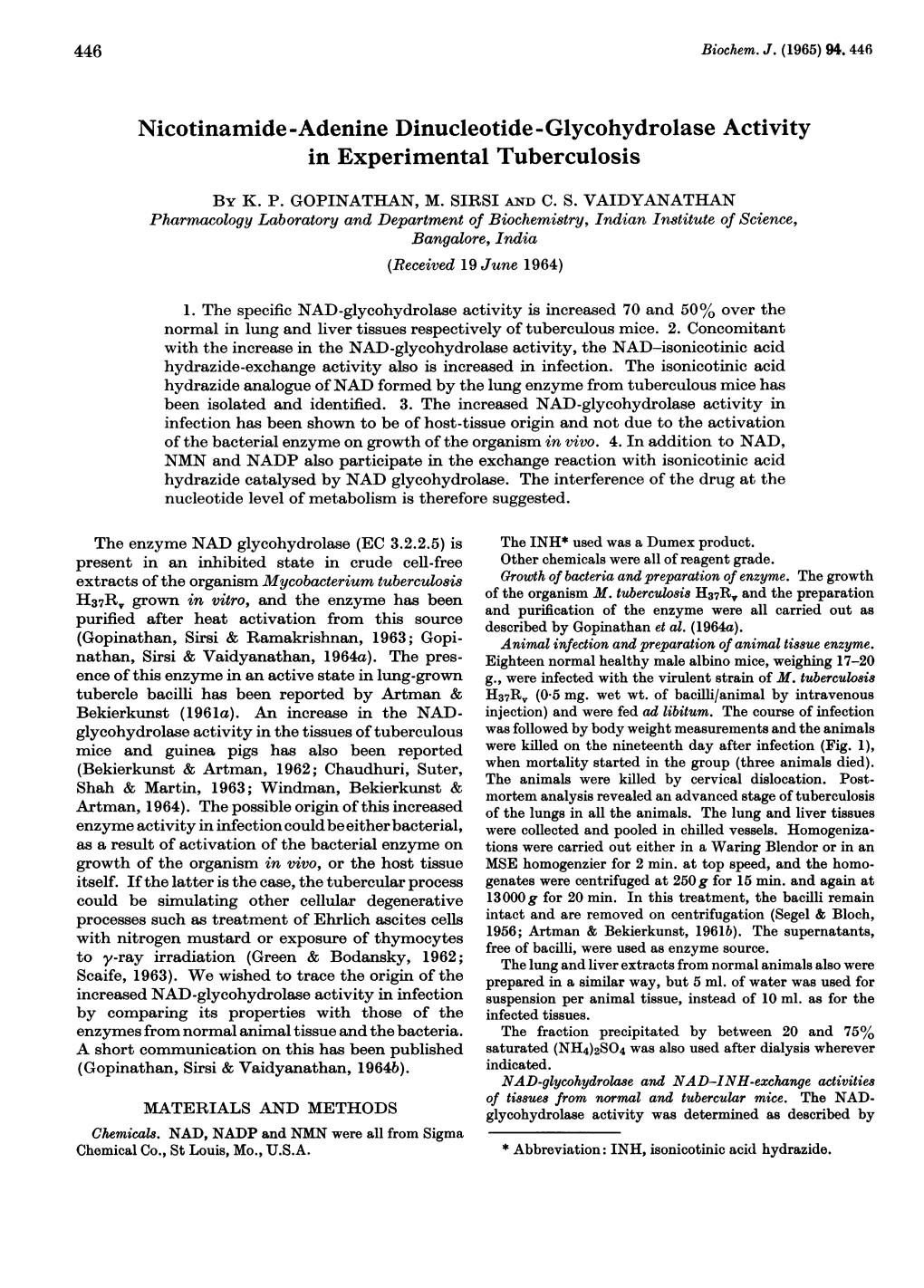 Nicotinamide-Adenine Dinucleotide-Glycohydrolase Activity in Experimental Tuberculosis