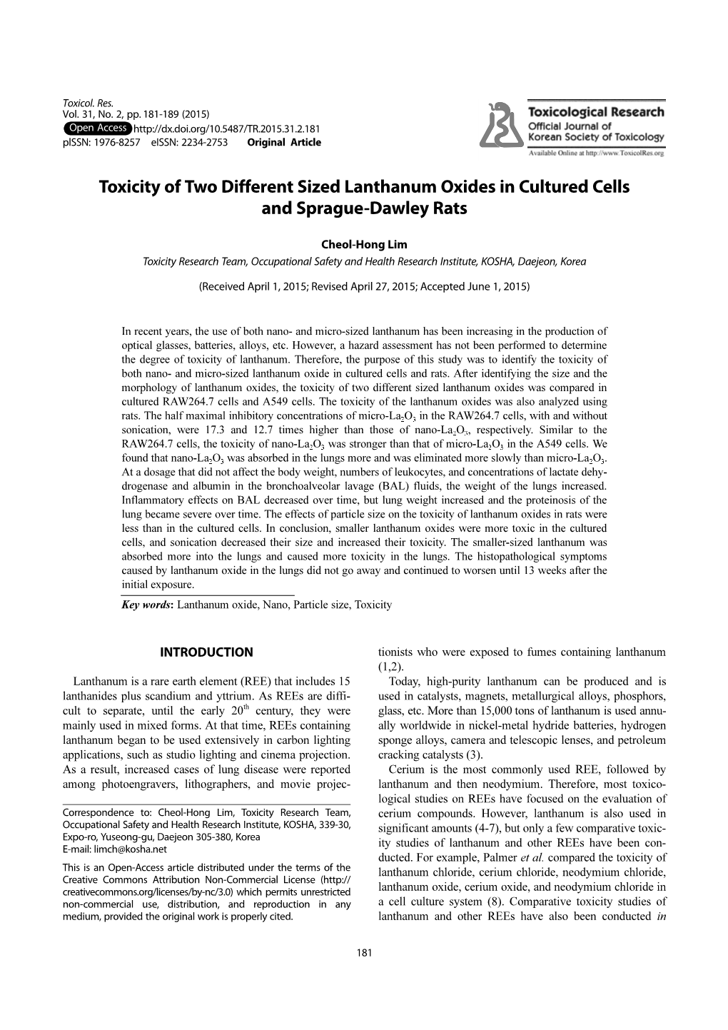 Toxicity of Two Different Sized Lanthanum Oxides in Cultured Cells and Sprague-Dawley Rats