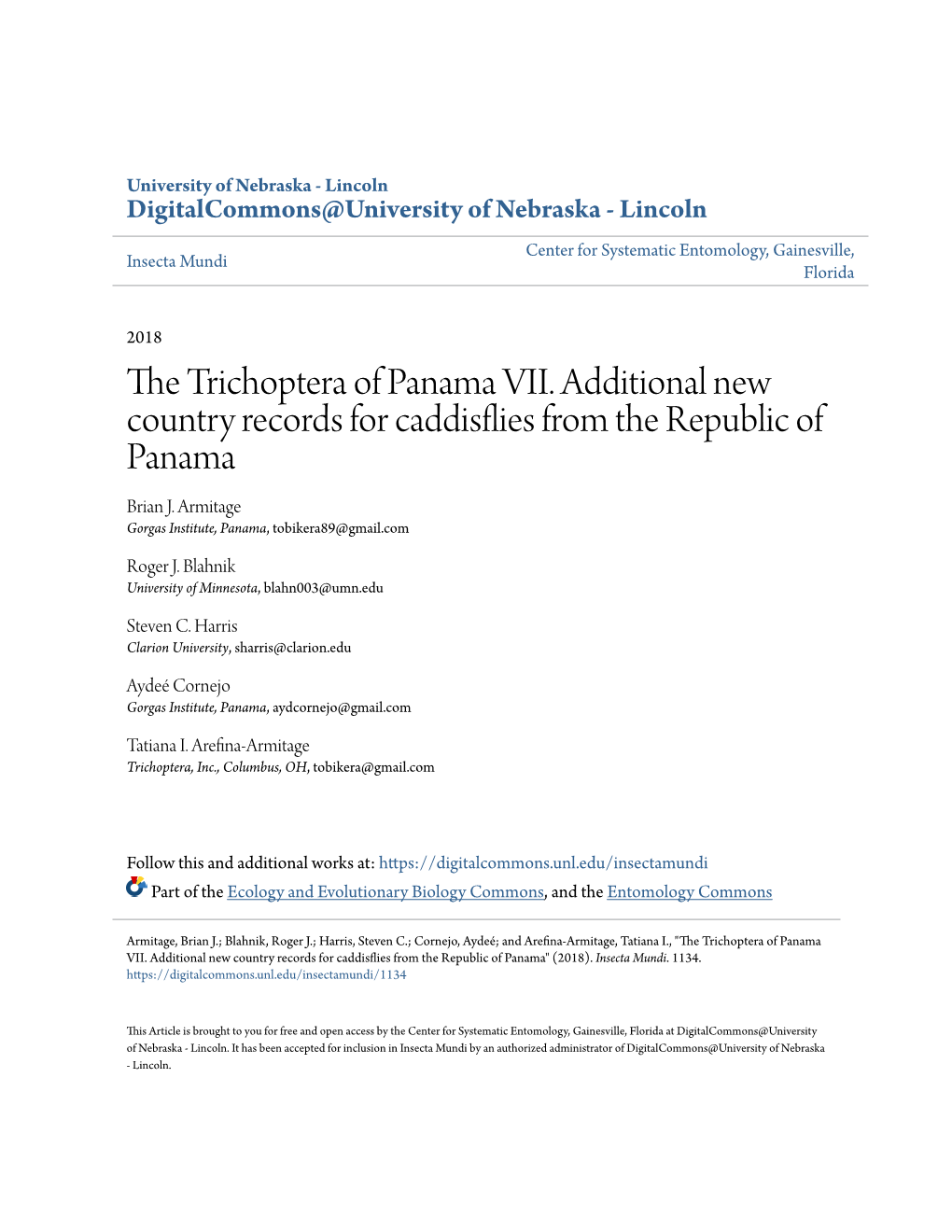 The Trichoptera of Panama VII. Additional New Country Records for Caddisflies from the Republic of Panama