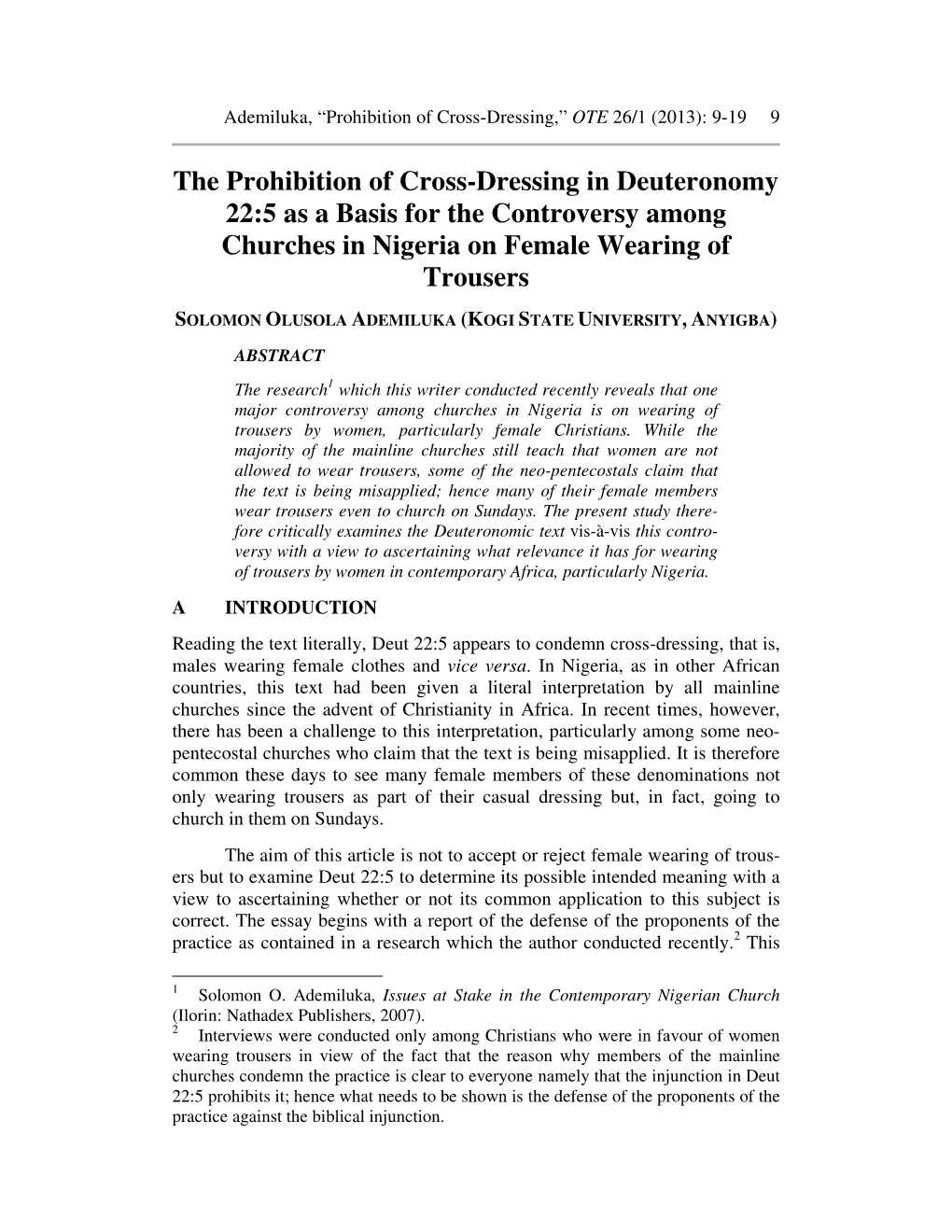 The Prohibition of Cross-Dressing in Deuteronomy 22:5 As a Basis for the Controversy Among Churches in Nigeria on Female Wearing of Trousers