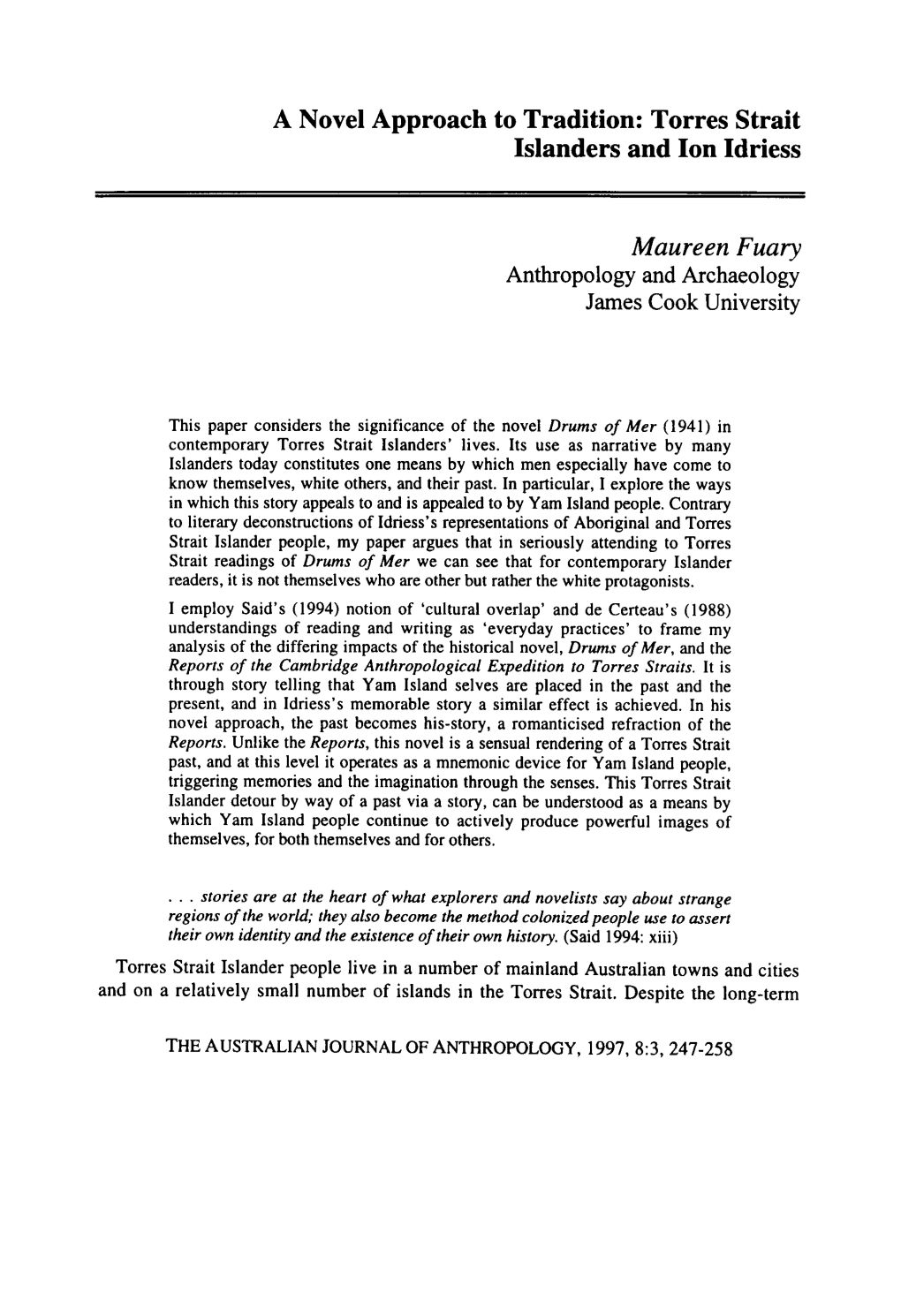 A Novel Approach to Tradition: Torres Strait Islanders and Ion Idriess