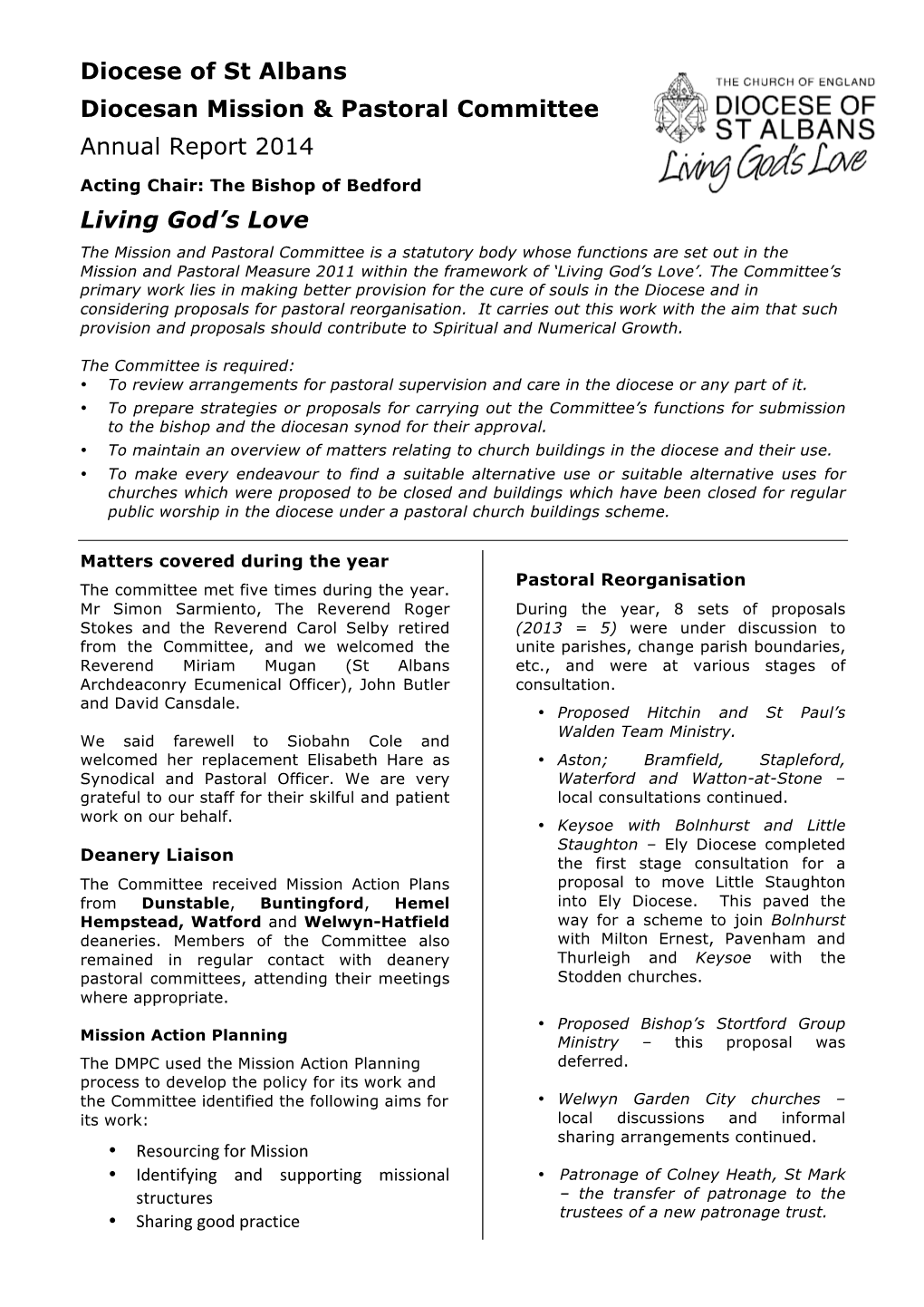 Diocese of St Albans Diocesan Mission & Pastoral Committee Annual Report 2014 Living God's Love