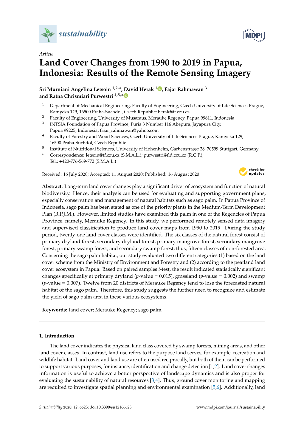 Land Cover Changes from 1990 to 2019 in Papua, Indonesia: Results of the Remote Sensing Imagery