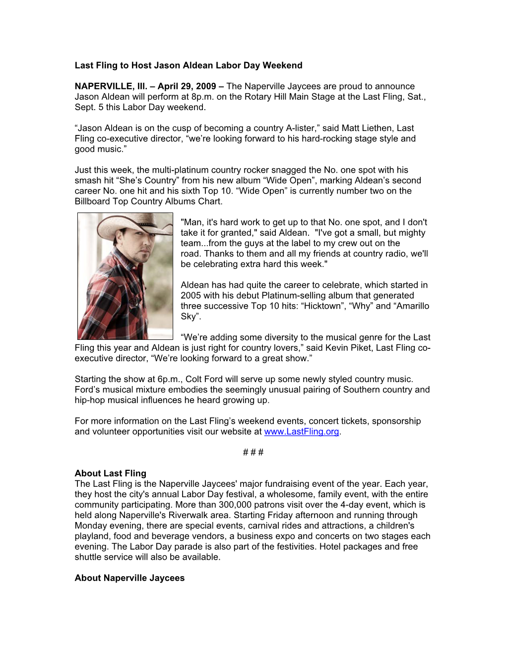 Last Fling to Host Jason Aldean Labor Day Weekend NAPERVILLE, Ill