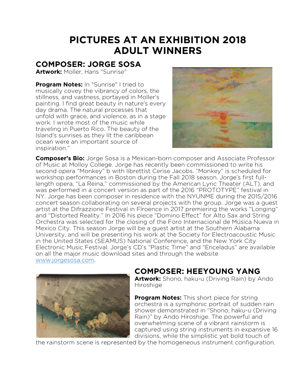 PICTURES at an EXHIBITION 2018 ADULT WINNERS COMPOSER: JORGE SOSA Artwork: Moller, Hans "Sunrise"