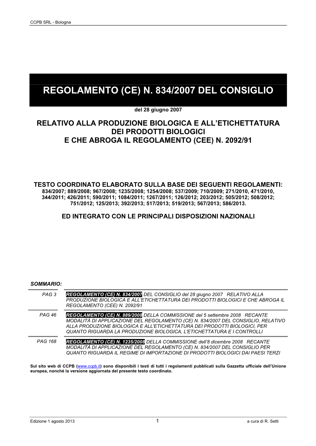 Regolamento (Ce) N. 834/2007 Del Consiglio