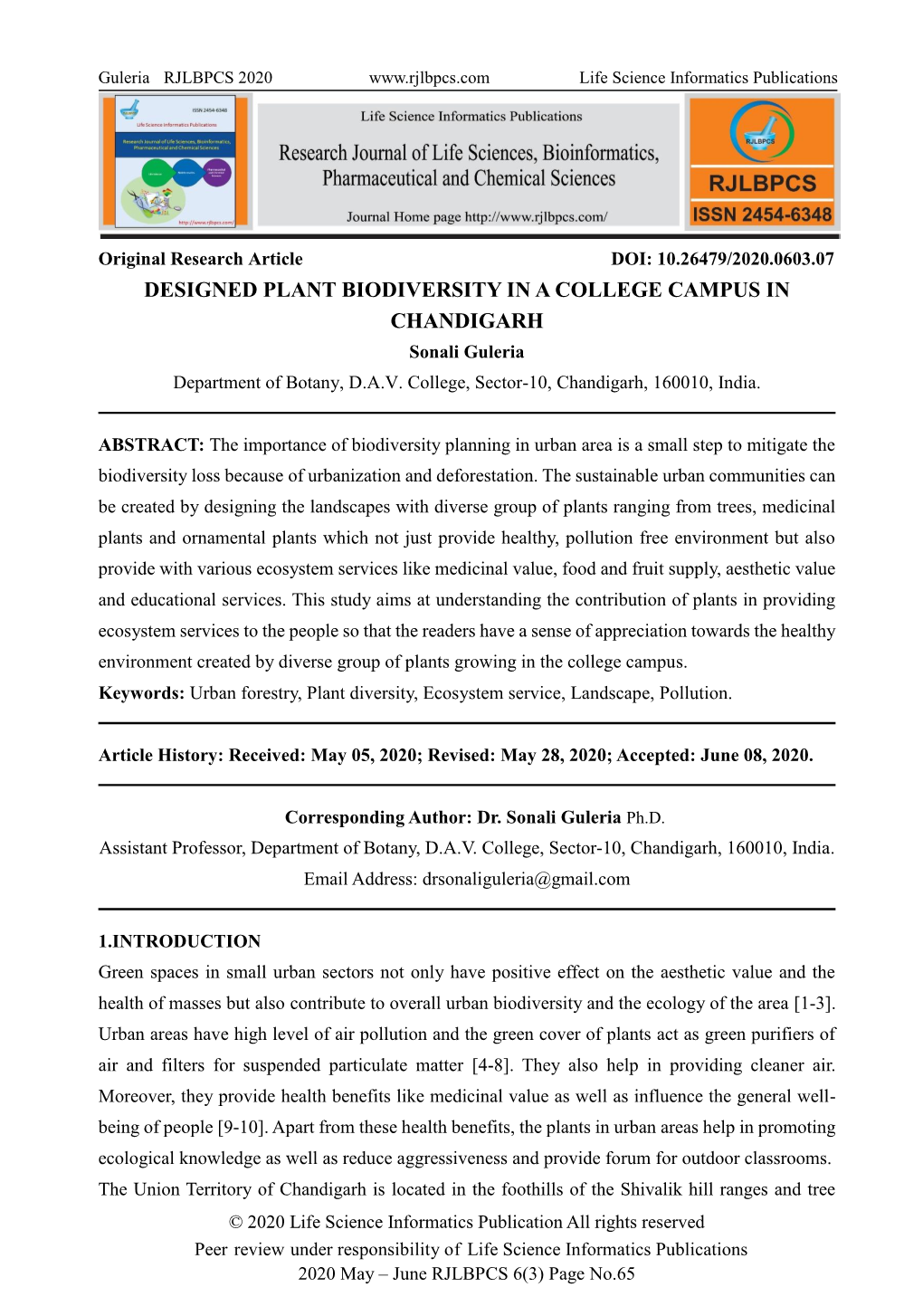 DESIGNED PLANT BIODIVERSITY in a COLLEGE CAMPUS in CHANDIGARH Sonali Guleria Department of Botany, D.A.V