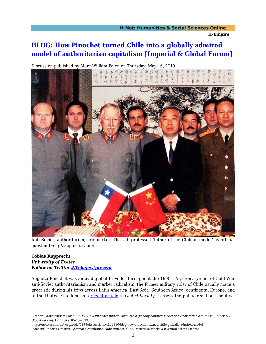 BLOG: How Pinochet Turned Chile Into a Globally Admired Model of Authoritarian Capitalism [Imperial & Global Forum]