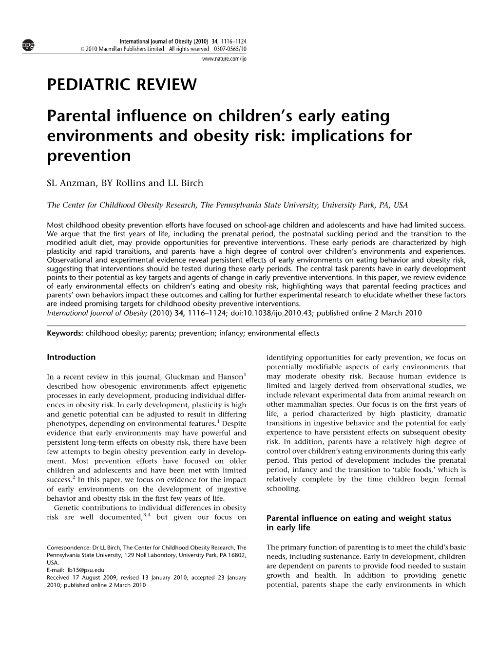 S Early Eating Environments and Obesity Risk: Implications for Prevention