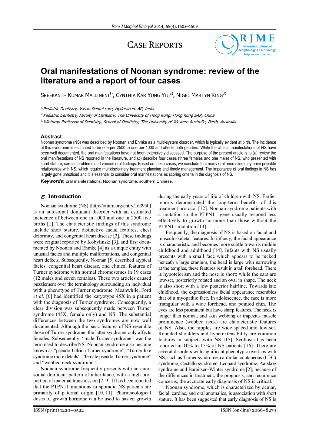 Oral Manifestations of Noonan Syndrome: Review of the Literature and a Report of Four Cases