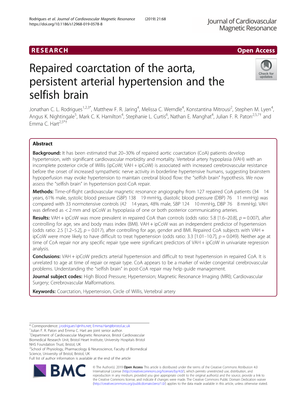 Repaired Coarctation of the Aorta, Persistent Arterial Hypertension and the Selfish Brain Jonathan C