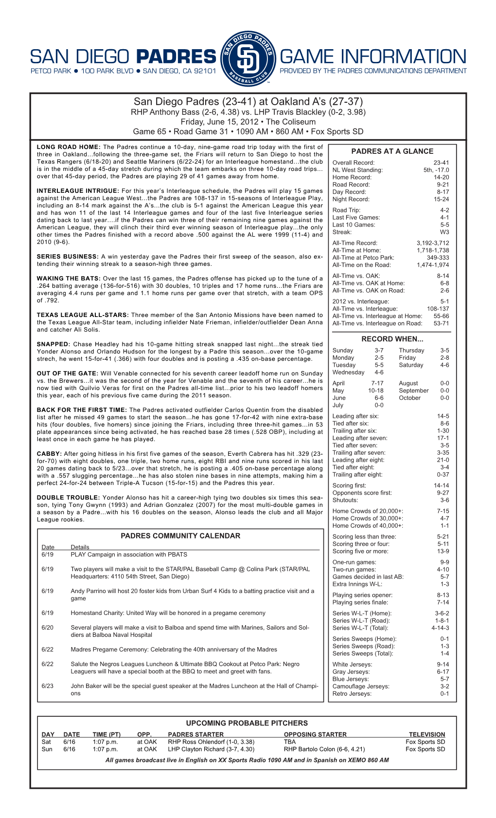 Game Information San Diego Padres