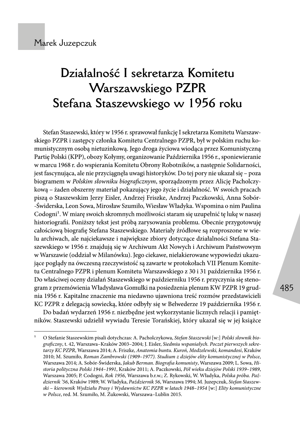 Działalność I Sekretarza Komitetu Warszawskiego PZPR Stefana Staszewskiego W 1956 Roku