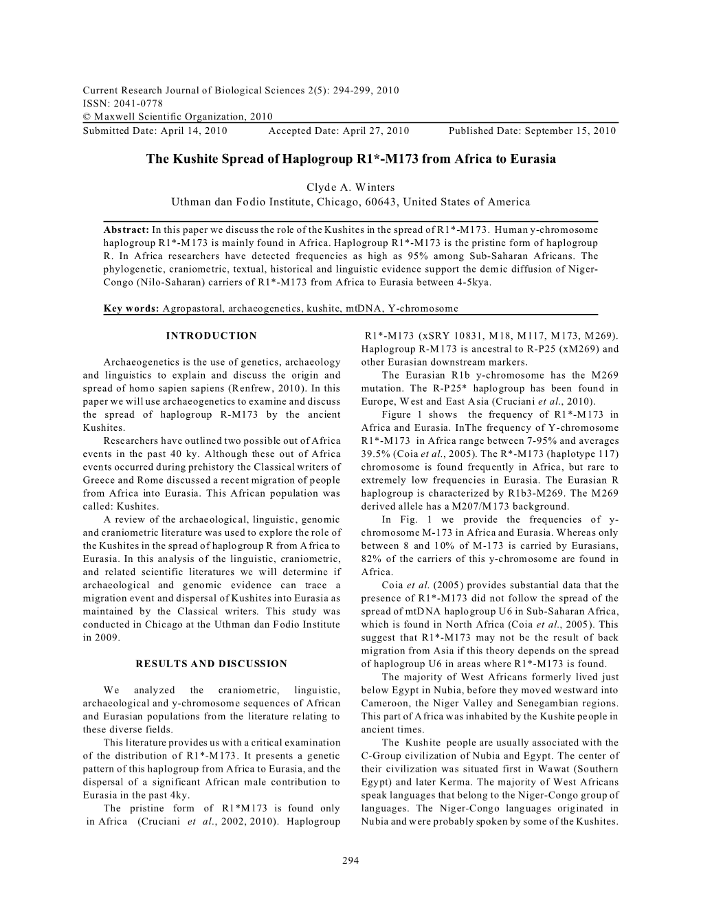 The Kushite Spread of Haplogroup R1*-M173 from Africa to Eurasia