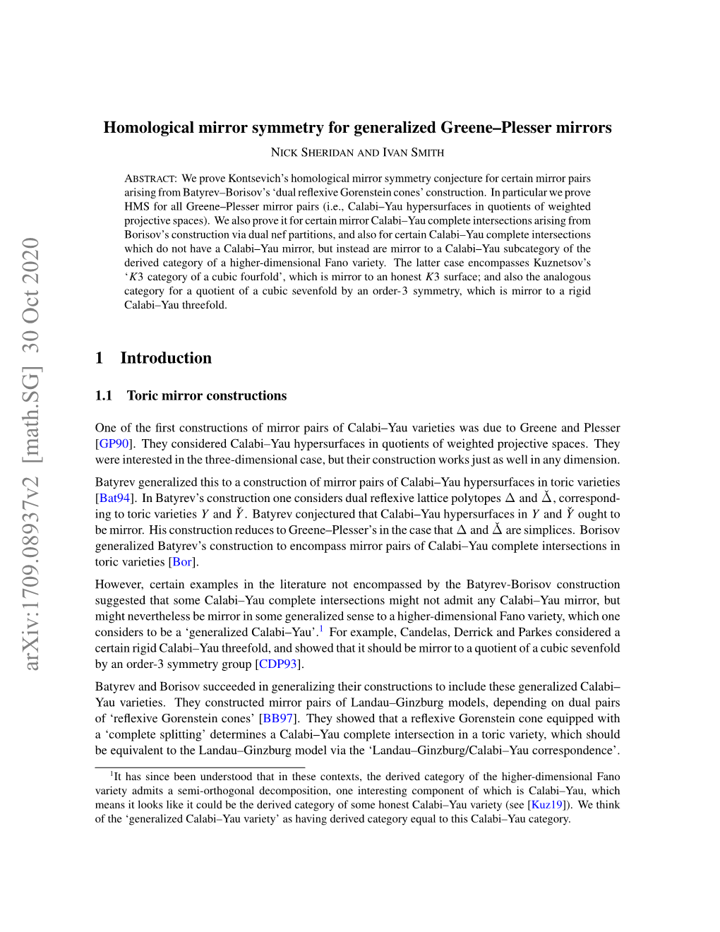 Arxiv:1709.08937V2 [Math.SG] 30 Oct 2020 Batyrev and Borisov Succeeded in Generalizing Their Constructions to Include These Generalized Calabi– Yau Varieties