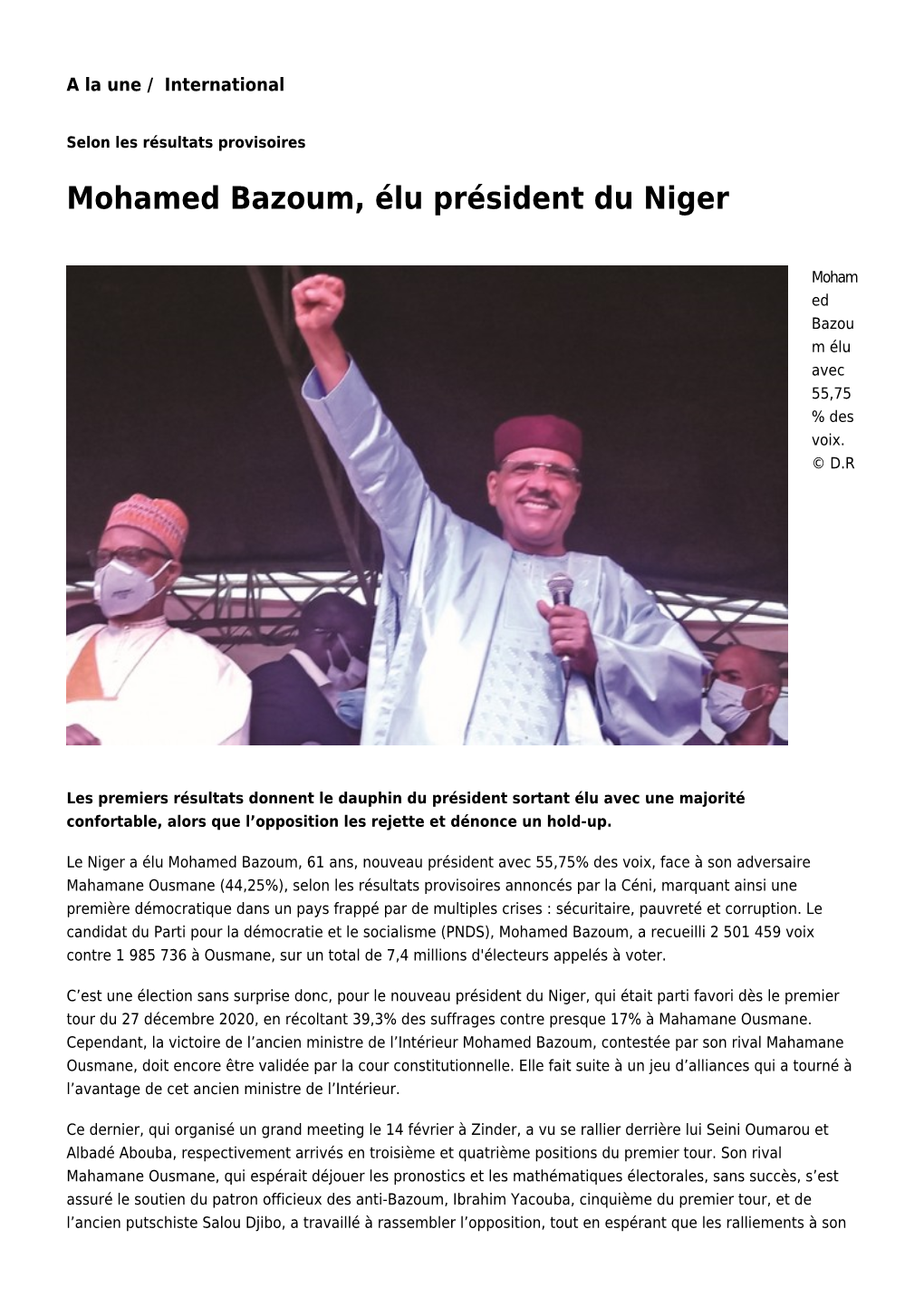 Mohamed Bazoum, Élu Président Du Niger