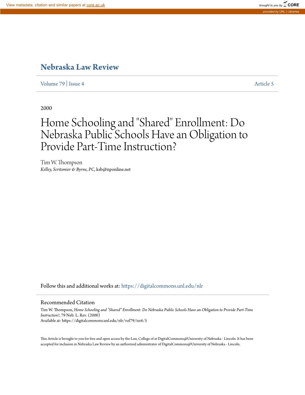 Do Nebraska Public Schools Have an Obligation to Provide Part-Time Instruction? Tim W