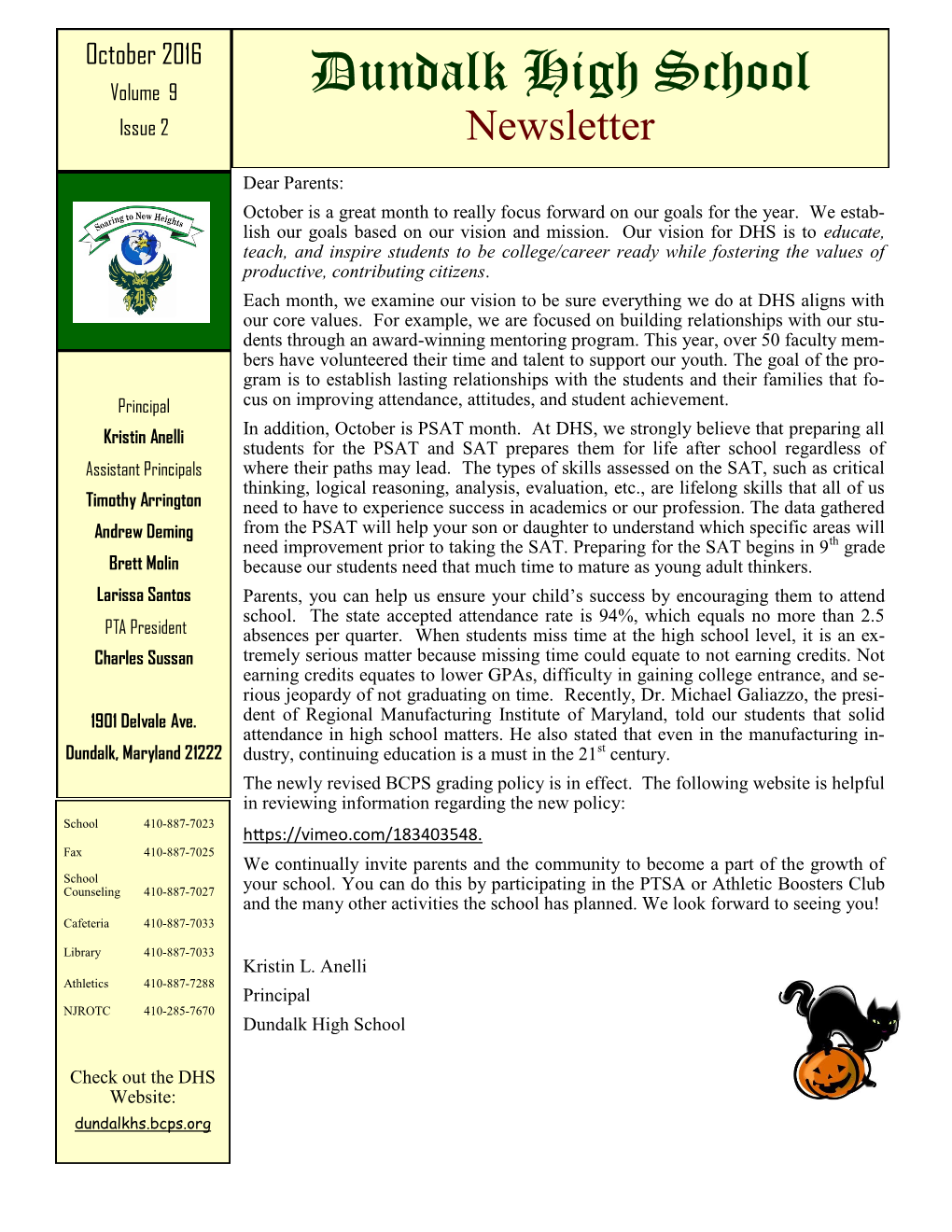 October 2016 Volume 9 Dundalk High School Issue 2 Newsletter