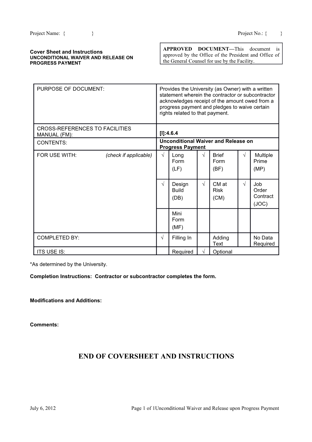 Cover Sheet and Instructions